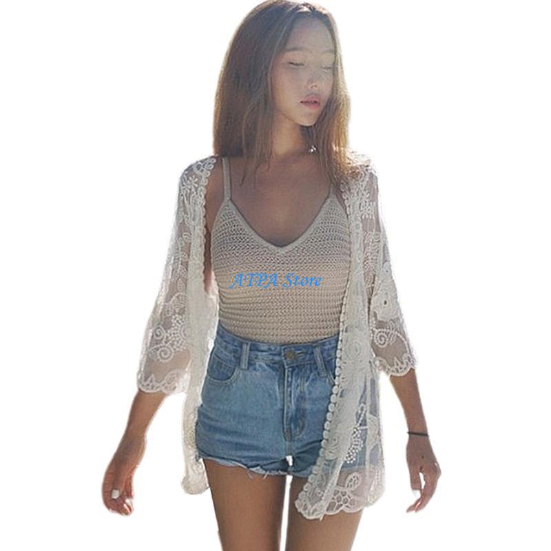 Kimono Sheer Floral - U13C Women Summer Lace Open Front