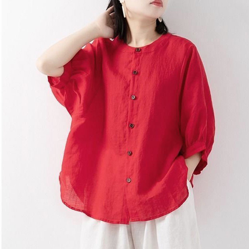 Blouse Off Shoulder - Cotton and linen shirt women's spring