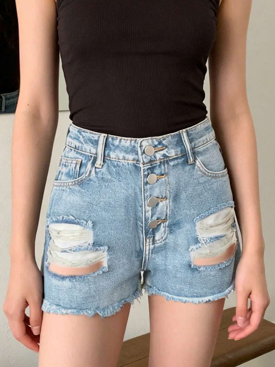 Womens Mid-Rise Distressed Fra - огляд і ціна Shorts Denim Frayed