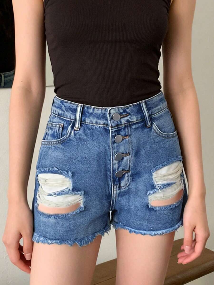 Womens Mid-Rise Distressed Fra - огляд і ціна Shorts Denim Frayed