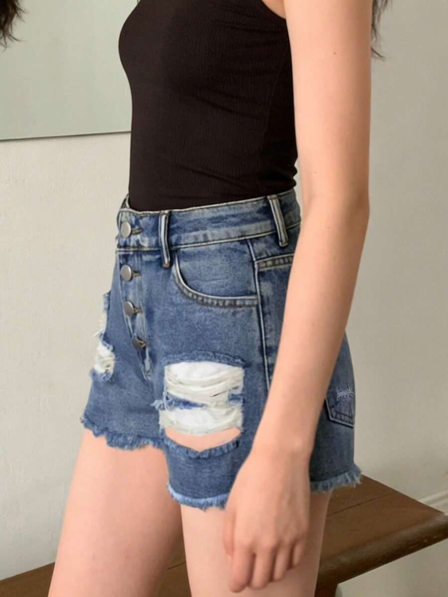 Womens Mid-Rise Distressed Fra - огляд і ціна Shorts Denim Frayed